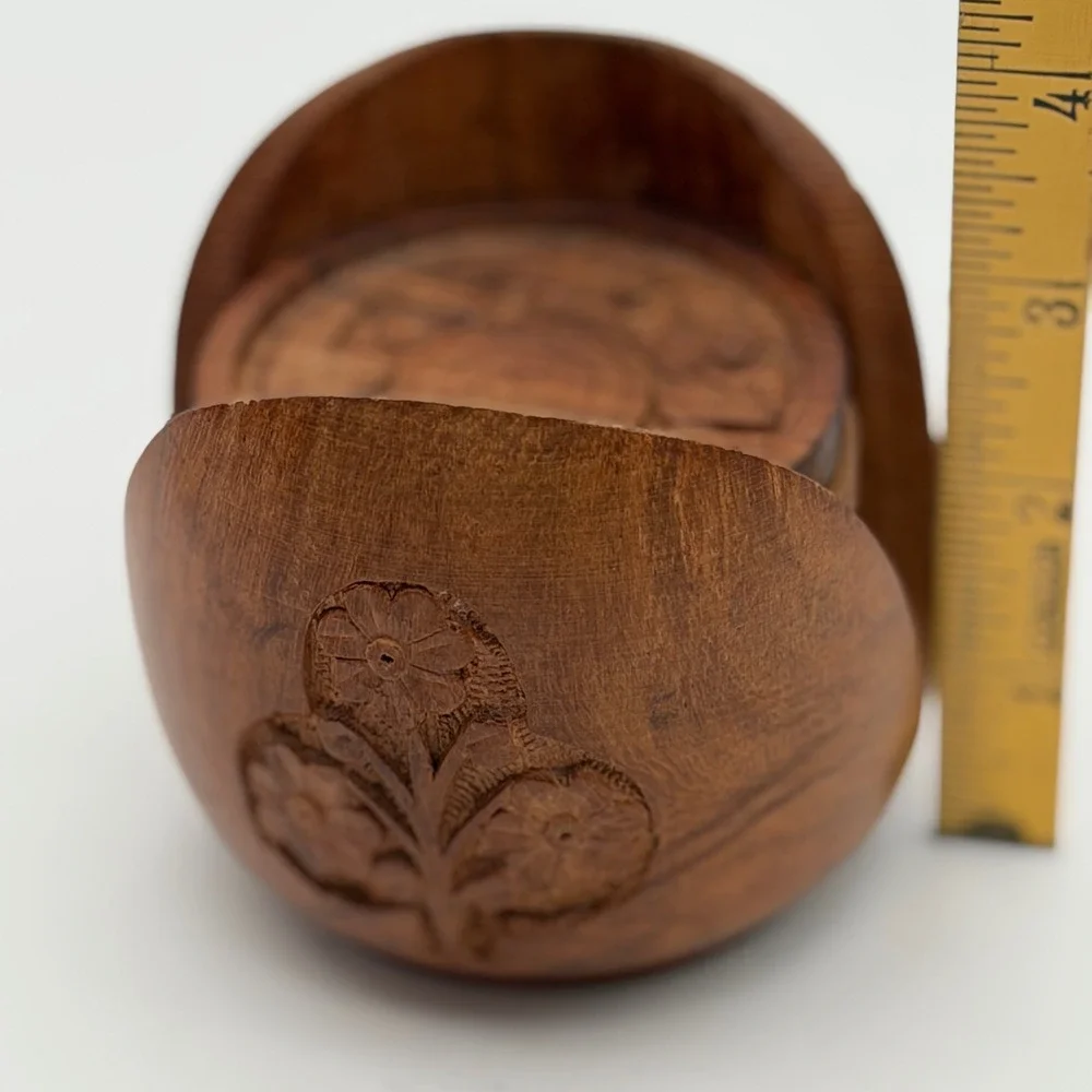 Vintage Hand Carved Floral Wood Coaster Set of 6 with Round Holder Brown Boho
